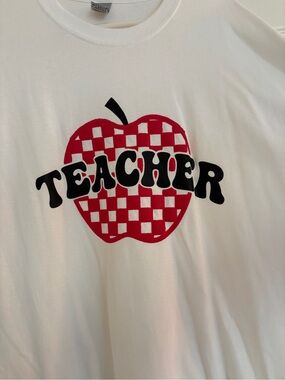 Teacher Graphic Tee - White with Red & Black Apple Design